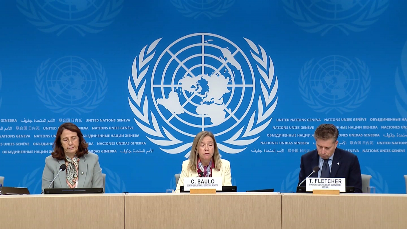 Celeste Saulo and Tom Fletcher seated at the United Nations Geneva press briefing.
