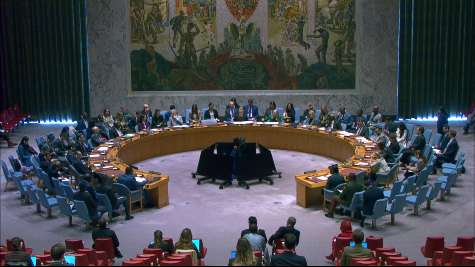 Delegations seated around the Security Council table during its meeting on the Central African Republic, New York, 20 October 2026.