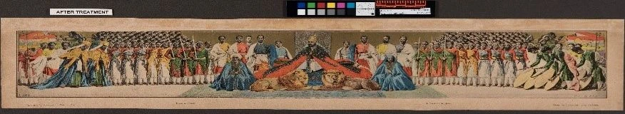 An archival chromolithograph detail shows Menelik II enthroned among religious and political figures.